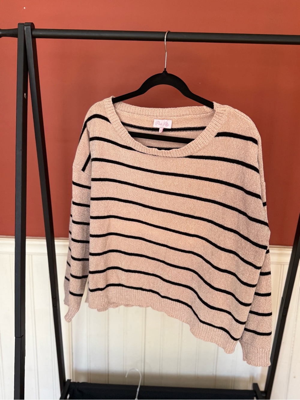 Pink Lily Tan and Black Striped Scoop Neck Sweater